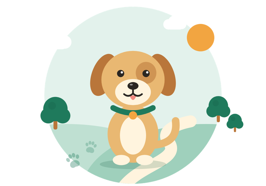 The PawPath dog mascot sitting on a path in a park